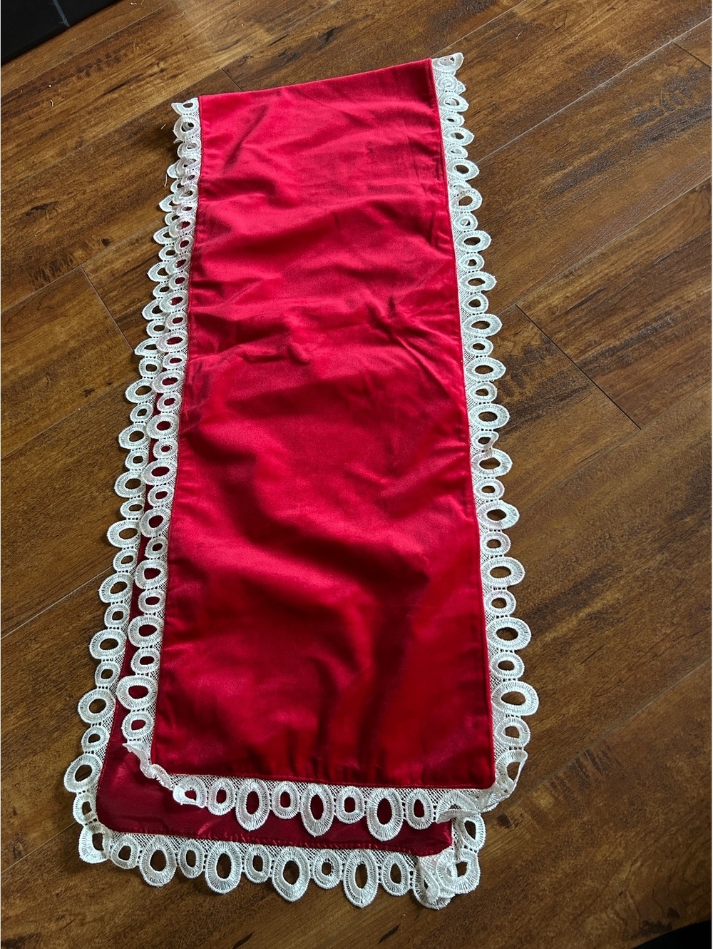 Vintage Red Velvet Table Runner with White Lace Trim